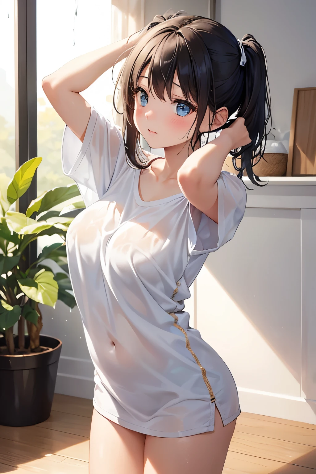 A boy hugs me from behind、Big Breasts、Cute light blue bra、Plain white, RaindropsＴshirt、Bra see-through、Cute light blue string pants、A tall boy in gym clothes is hugging and kissing a girl、classroom、Watermelon head girl