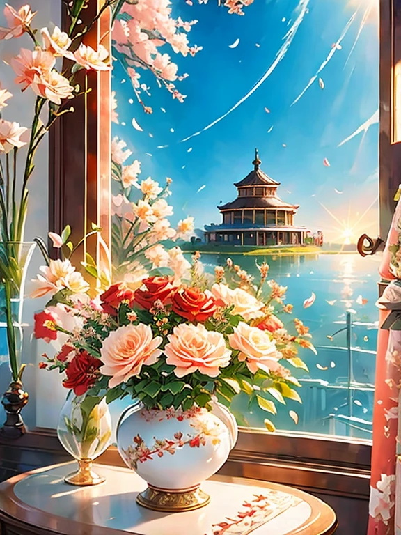 Stunning bouquet of roses and lilies in a ceramic vase, Red and White, Comfortable room, wreath, An open window, Moon and stars, night, Comfortable atmosphere  