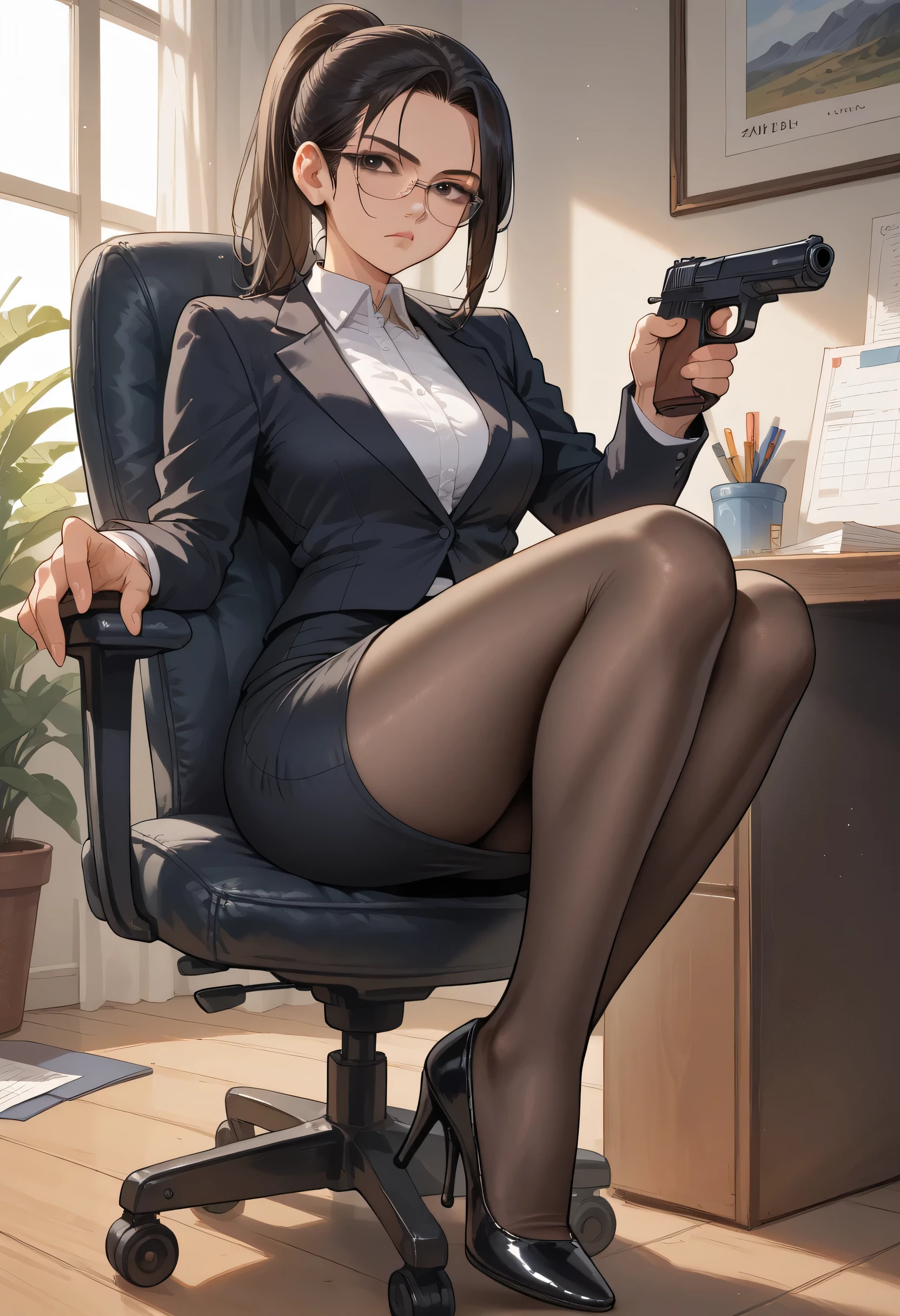 (masterpiece, official art), 1girls, solo, asian, office girl, black skirt, black blazer, business lady, tight ponytail, pencil skirt, black pantyhose, high heels, sitting in chair, glasses, black eyes, white collar, staring at viewer, holding desert eagle pistol, aiming at viewer