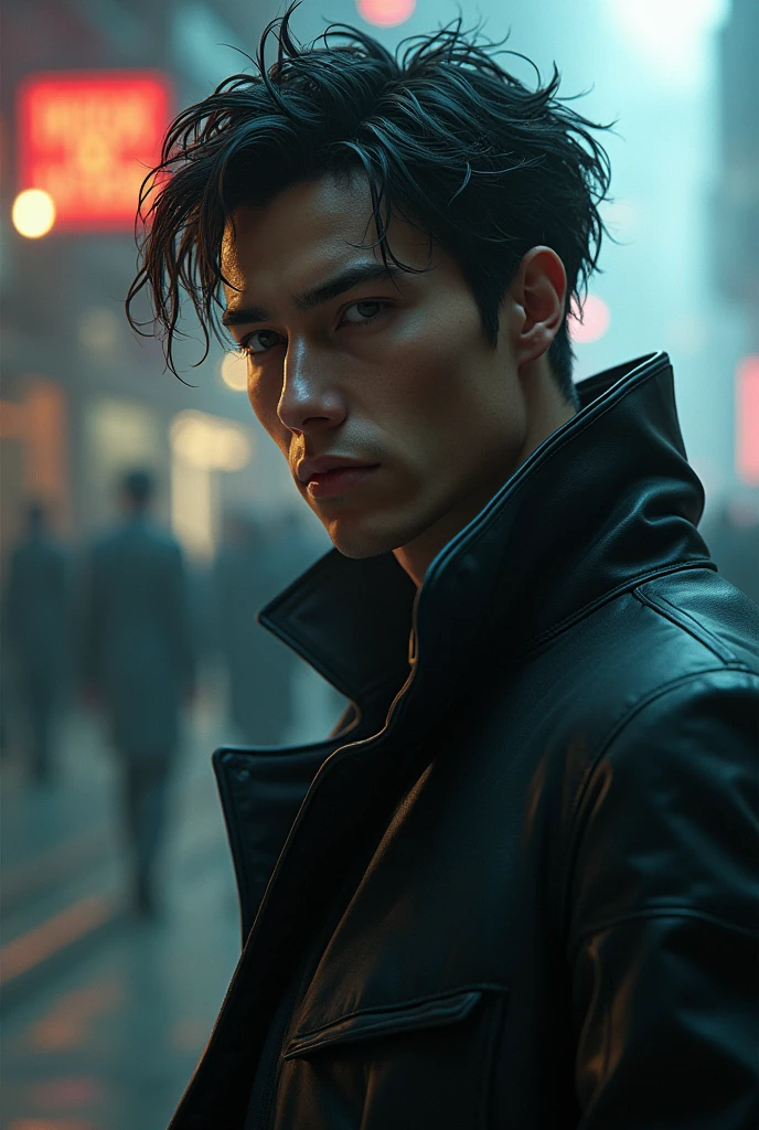A 26 years frictional boy
with black messy hair and black
eyes with smoking cigarette and masculine jawline and wear a black overcoat