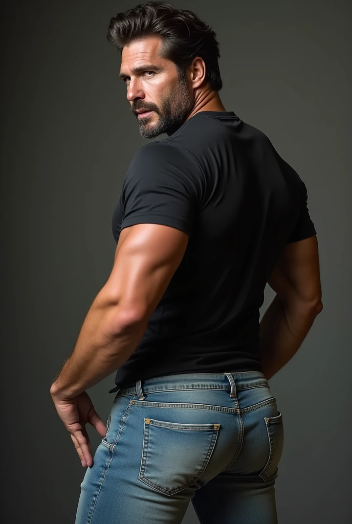 handsome mature man in his 50s,white man with a tanned complexion,(well-defined pecs and arm muscles),full body, facial hair styled into a neatly groomed beard,a captivating,beefy build that emanates strength and vitality. (((Full body))), black jeans beard, (((backside))) (((big butt)))