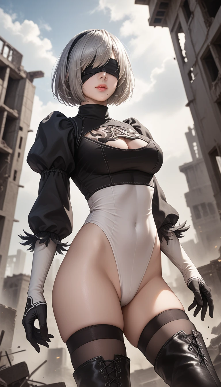 score_9, score_8_up, score_7_up, 32k,masterpiece, highest quality, 
photo realistic, super detail, vibrant colors, chiaroscuro lighting, cinematic lighting,
1 woman, inspired nier automata 2B,
bob cut, gray hair, bangs, mole under mouth, blindfold,
2B leotard, cleavage cutout, skirt, thighhighs under boots,
ruins, a ruined world, devastated cities, dark cloudy sky,
seductive pose, dramatic angle,