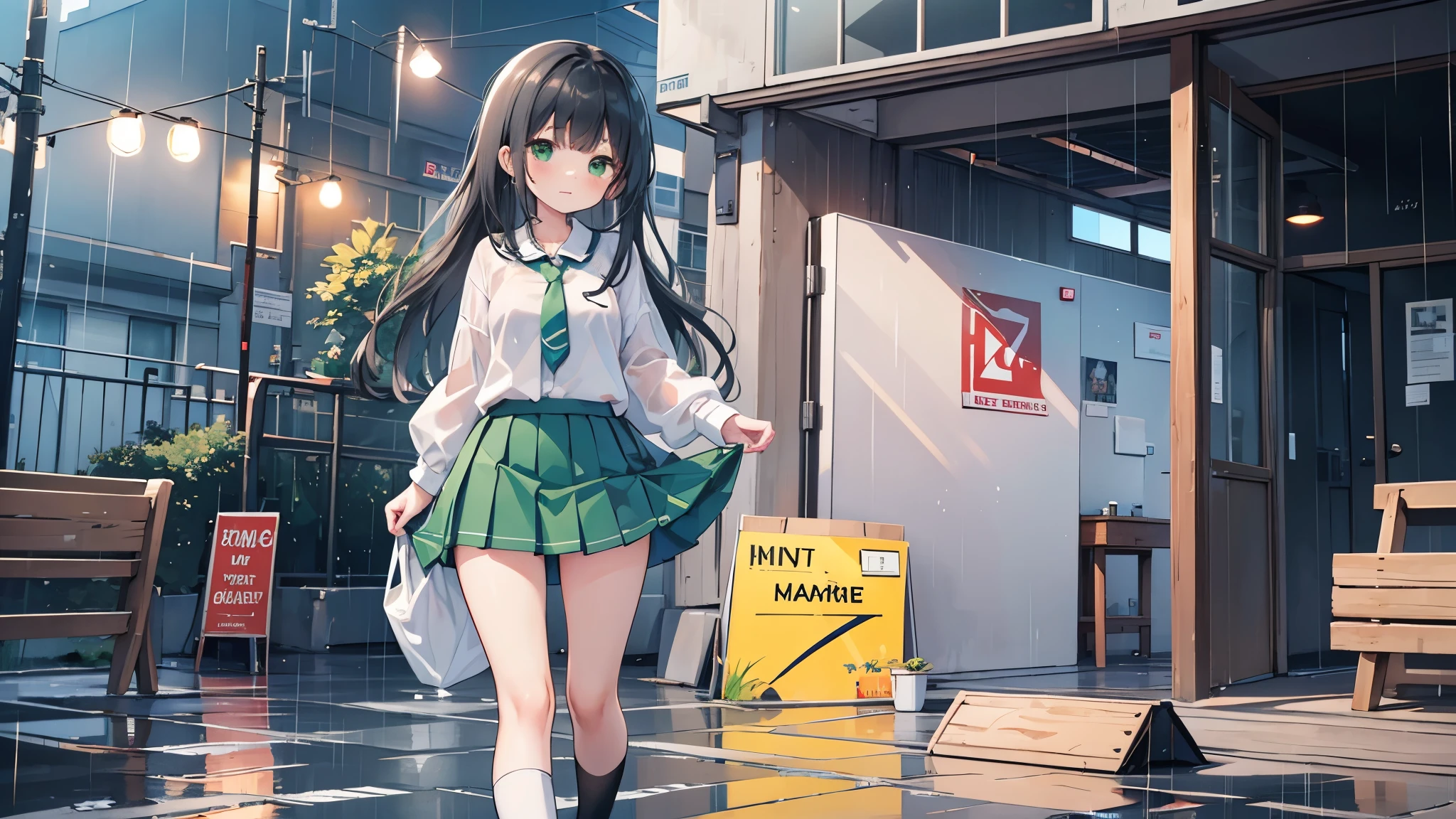 ((Best Quality, 8k, masterpiece: 1.3)),Human Girl,((Petite,Glamorous Body,Curvy)),cute,Lonely look,((Black Hair)),Long Hair,Beautiful emerald green eyes,Standing posture,(((White blouse,Green tie,Green pleated mini skirt,Black socks,loafers))),((heavy rain,I don&#39;t have an umbrella,Sheltering from the rain under the eaves)),