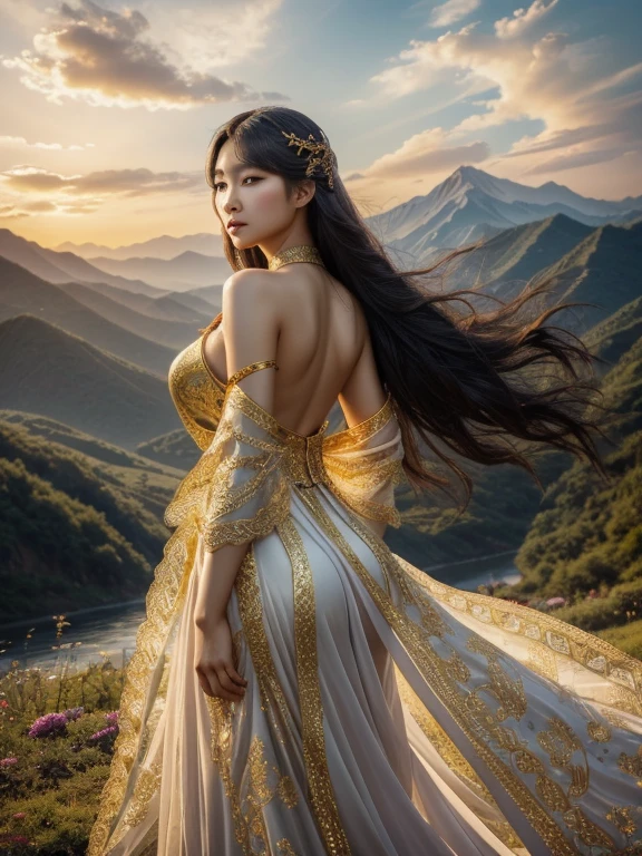 In a lush, enchanted forest, a fierce Korean young woman goddess stands tall, her dress billowing in the wind. Her skin is adorned with intricate tattoos, each one telling a story of her strength and resilience.With a fierce gaze and a regal stance, a Korean young woman goddess commands the attention of all who lay eyes on her. Her dress is a masterpiece of silk and gold, shimmering in the light as she radiates power and beauty.As the sun sets over the mountains, a fierce Korean young woman goddess stands tall in a flowing, ornate dress. Her hair cascades down her back in waves, and her dress is adorned with intricate patterns and symbols, representing her divine power.A fierce Korean young woman goddess stands tall in a flowing, ornate dress, radiating power and beauty. She is surrounded by a vibrant, mystical aura, her eyes glowing with determination and strength.