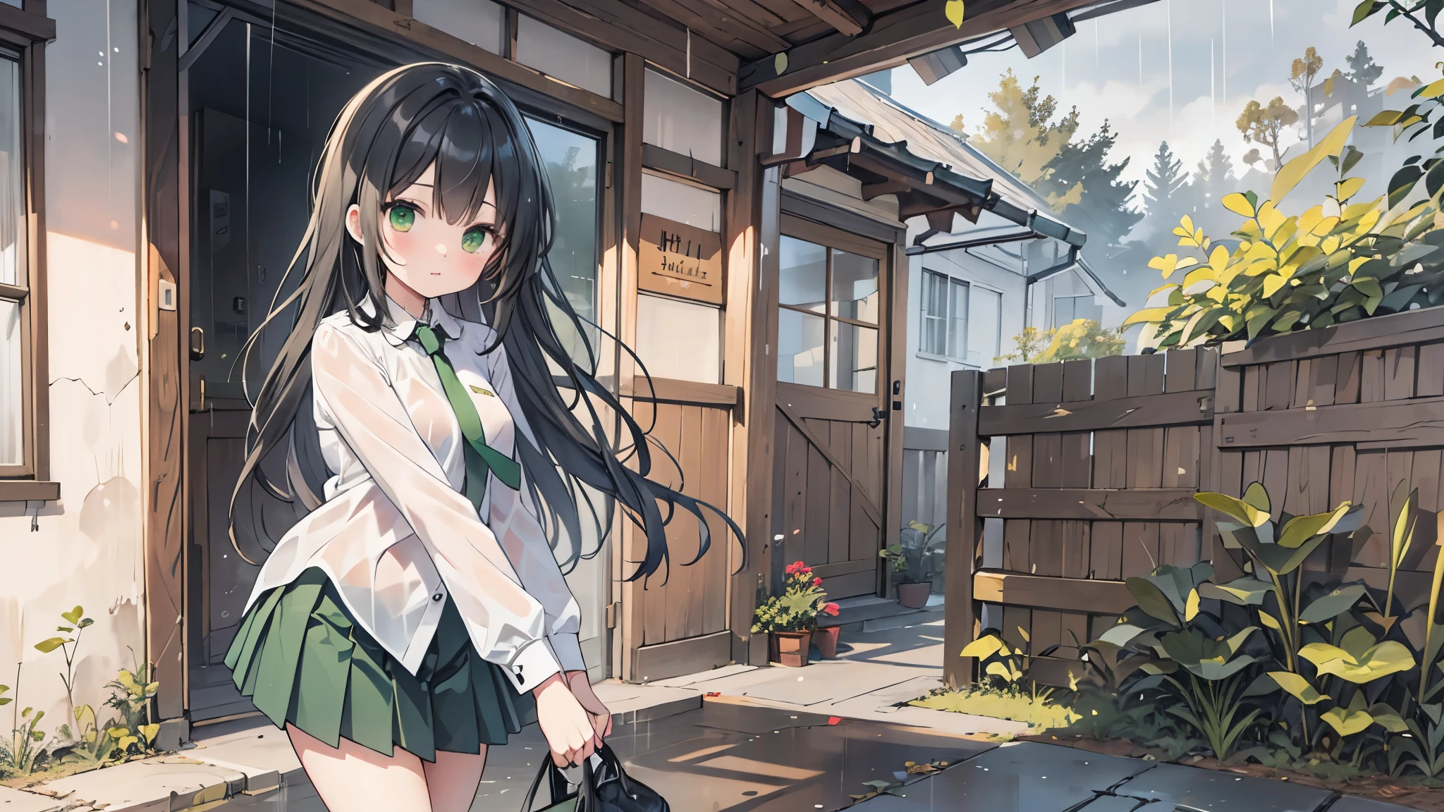 ((Best Quality, 8k, masterpiece: 1.3)),Human Girl,((Petite,Glamorous Body,Curvy)),cute,Lonely look,((Black Hair)),Long Hair,Beautiful emerald green eyes,Standing posture,(((White blouse,Green tie,Green pleated mini skirt,Black socks,loafers))),((Pouring rain,Sheltering from the rain under the eaves)),