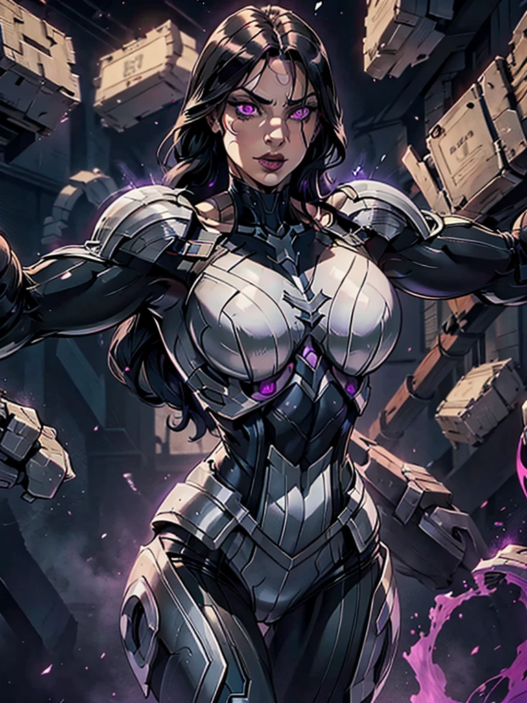 Women, adamantium color blanco, long black hair, toned figure, purple eyes, strong arms