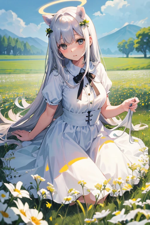 One Girl cute Petite breasts are slightly larger The legs are very thin Wolf ears White shorthair Data dress (((The background is inside the grass.))) Place your hands behind your head. Embarrassed face