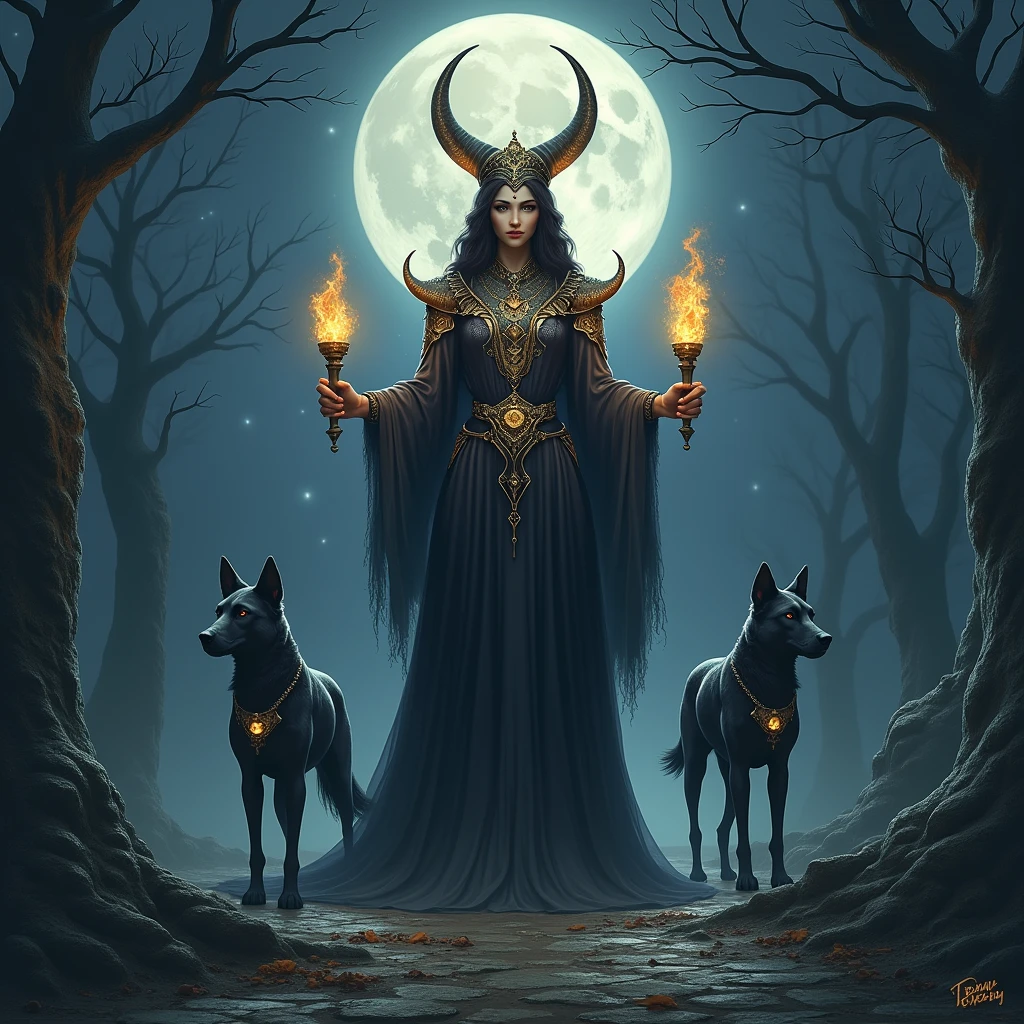 painting of a woman with long hair and a goat in front of a dark background, in style of dark fantasy art, woman in a dark forest, dark illustration, dark fantasy illustration, hecate, by Zoran Mušič, an ominous fantasy illustration, dark fantasy oil painting, highly detailed dark art, dark fantasy horror art, dark fantasy artwork