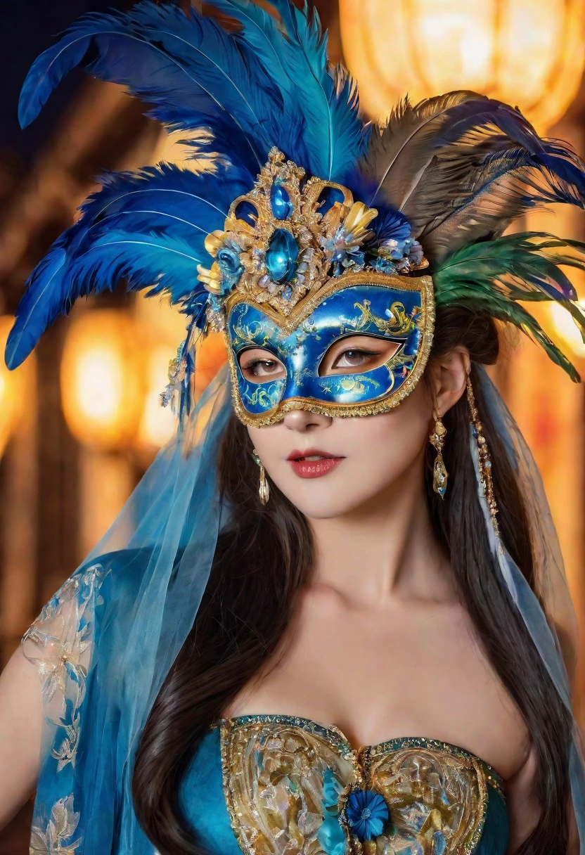 (Beautiful woman wearing a traditional Venetian mask),(Best Quality,High resolution),Detailed face,Beautifully decorated mask,Colorful feathers,Superior Craftsmanship,Gorgeous patterns,Shining Jewels,Mysterious atmosphere,Artistic depiction,Soft lighting,Vibrant colors,Venice Carnival,Classic beauty,Traditional attire,Luxury Fabric,Elaborate headdress,Masquerade,Vibrant atmosphere,Graceful posture,Lots of movement,Celebration and excitement,Historical background,Romantic canal,Reflection on the surface of the water,Gondolas passing by,Elegant architecture,Moonlit Night,fascinating feeling,Masks worn by nobles,Whispered Secrets,Mysterious charm,Unique and captivating visuals.((izumi yamauti)),30's