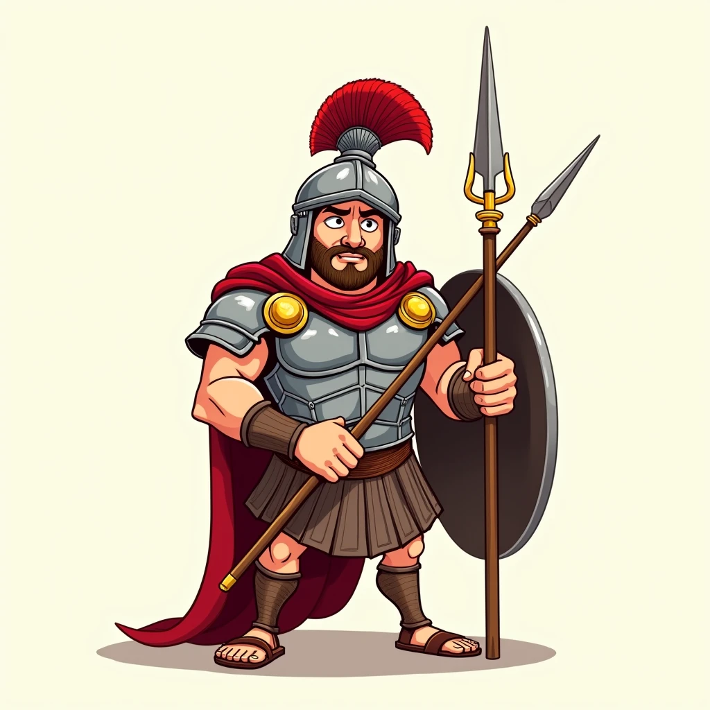 That he is covered with his shield, he has a spear, his face is seen in black and he is a Spartan who looks like a cartoon. 
Only his torso should be seen and the shield should be facing the screen. 
His face should not be seen.