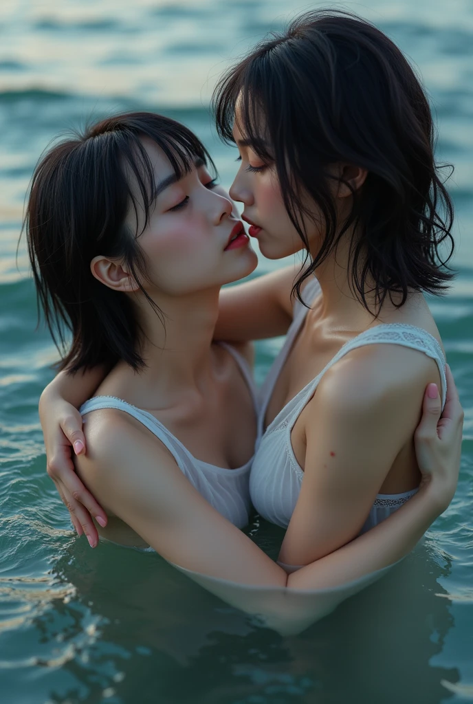 8k,masterpiece,Japanese,best quality, two girls get into a swim ring, kissing, bikini, (浮き輪:1.5), reluctantly, (blush:1.3), breasts, sea, (wet:1.4)