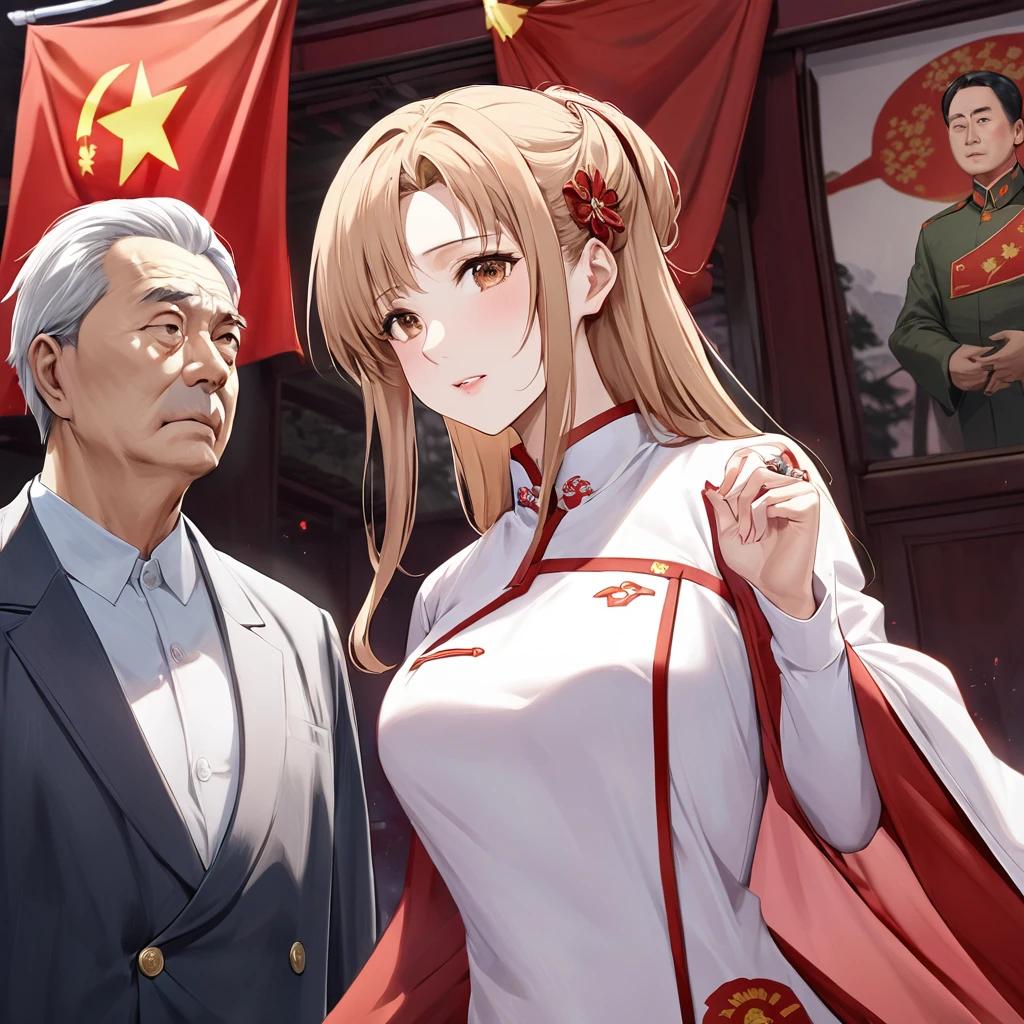 ((Best Quality)), ((masterpiece)), (detailed), （Perfect Face）、The woman is Yuuki Asuna, a beautiful Japanese woman with light brown hair, beautiful proportions and an engagement ring.、The woman is wearing a Mao suit、The woman was given a thorough education in China about the ideas and greatness of the Chinese Communist Party by a middle-aged man who was a member of the Chinese Communist Party, and became a naturalized Chinese citizen.、The woman is a mistress who worships the Chinese Communist Party and serves a Communist Party official who loves and devotees himself to China.