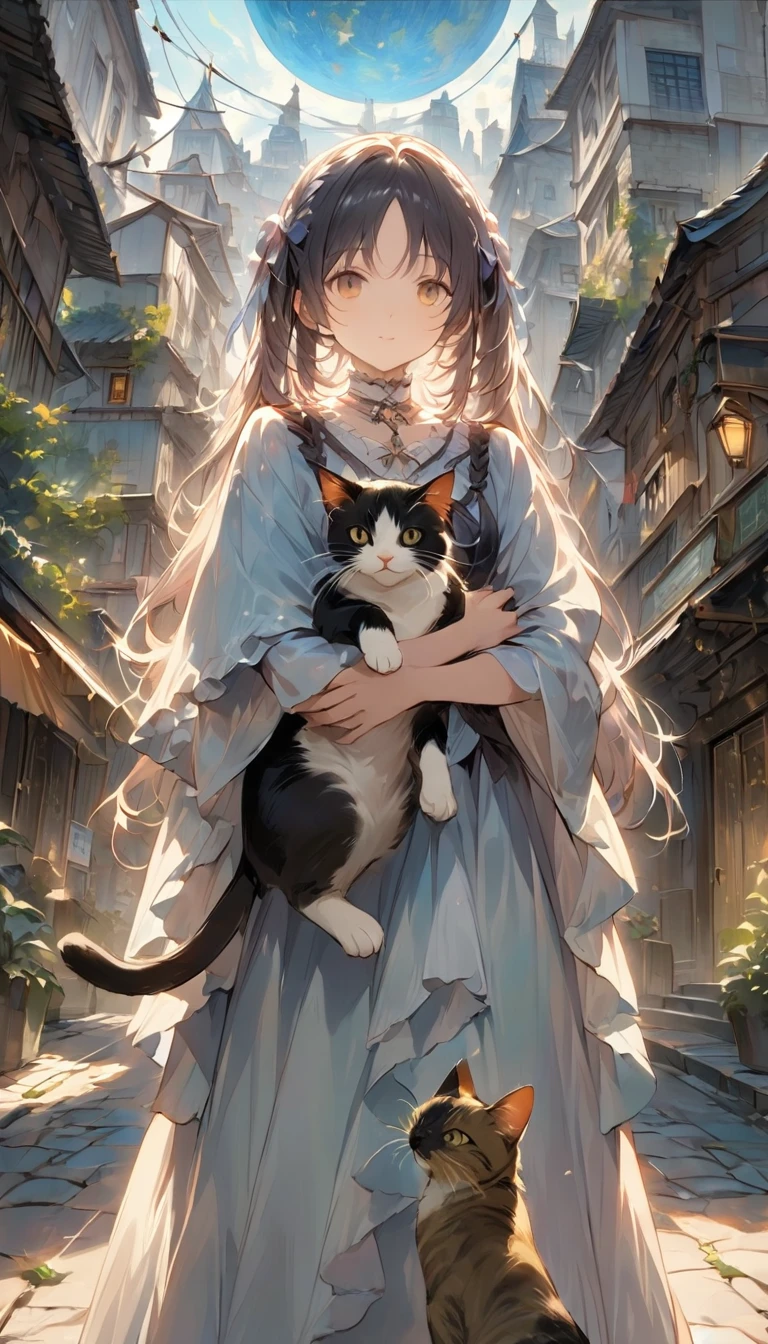 The cat brings people dreams, night, city, fairy tale atmosphere, soft colors, muted colors, as an illustration for a children's book, a fairy-tale illustration
