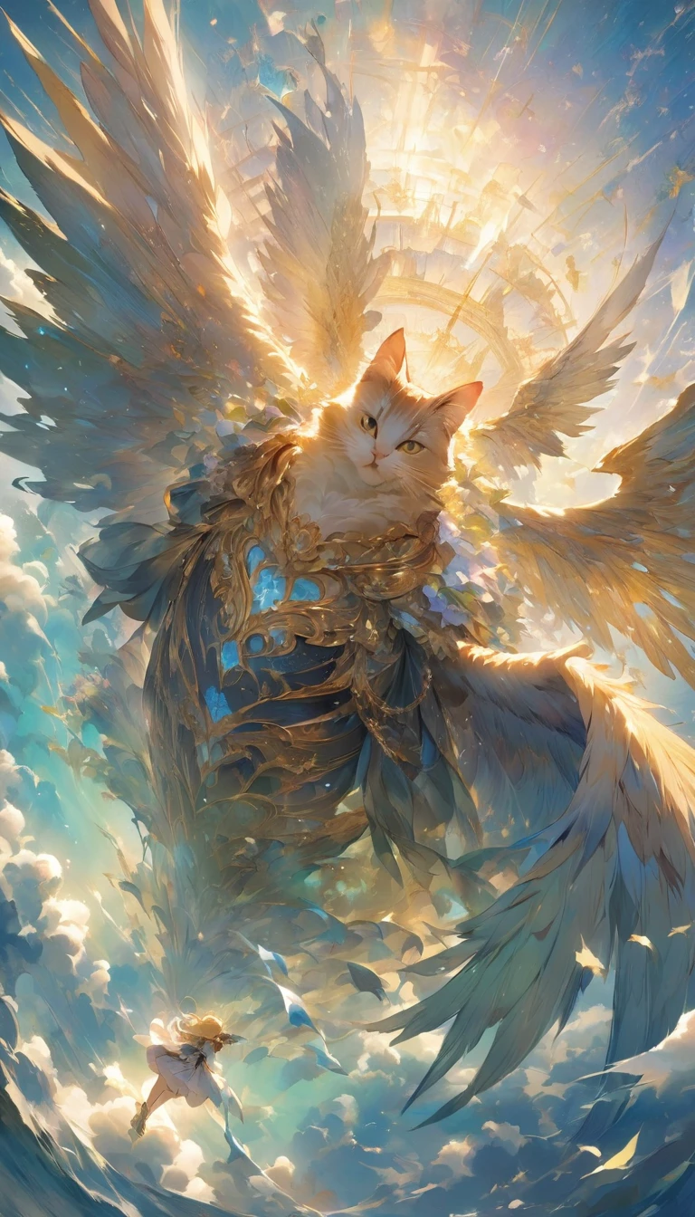 ((Best Quality))、((masterpiece))、(detailed)、8k、「Floating Island々is a series of、A different world towering above the sea of clouds。The woman is taken aback by the magnificent sight before her.。Beside her、A cat with golden fur、He walks calmly as if he knows this world well.。The wind is blowing、In the distance, a giant winged creature flies through the sky.。」、Conceptual Art、jpeg artifacts、First Person View、Nearby cats、Ultra-high resolution、Anatomically correct、Attention to detail、超detailed