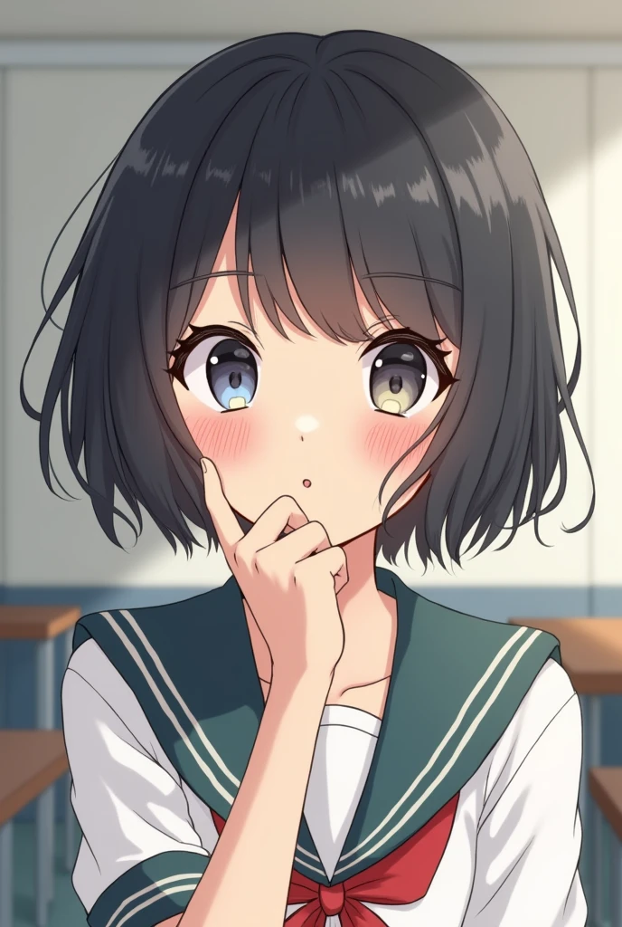 1girl, from above, standing,  wide angle, smile, indoors, home entrance, black socks, hands behind back,
(grey eyes:1.2), glowing eyes, well drawn fingers, detailed hands, well drawn legs, school uniform, white serafuku,platted skirt,
 <lora:1more_details:0.3>, <lora:komachi_hikigaya_v2:1> komachi hikigaya, short hair, ahoge, hairclip, (small breasts:1.4),