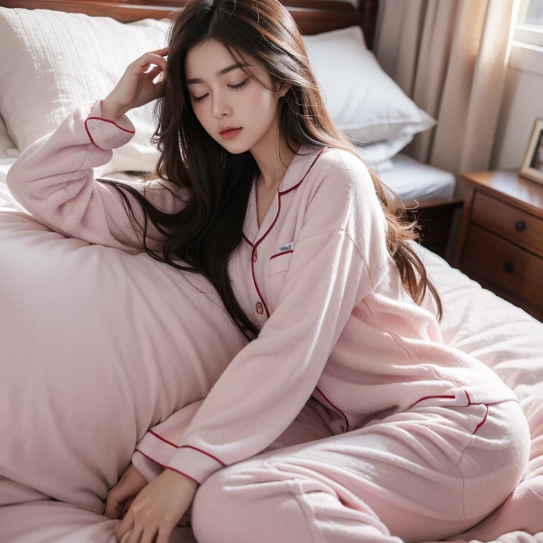 Cute female college student wearing pink pajamas