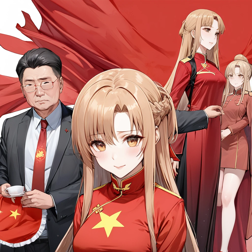 ((Best Quality)), ((masterpiece)), (detailed), （Perfect Face）、The woman is Yuuki Asuna, a beautiful Japanese woman with light brown hair, beautiful proportions and an engagement ring.、The woman is wearing a Mao suit、The woman was given a thorough education in China about the ideas and greatness of the Chinese Communist Party by a middle-aged man who was a member of the Chinese Communist Party, and became a naturalized Chinese citizen.、Women worship the Chinese Communist Party and love China.、The woman serves as the mistress of a Communist Party official.