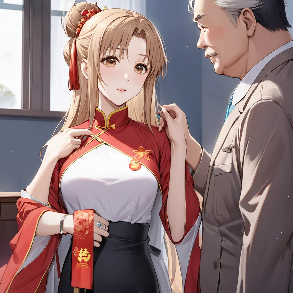 ((Best Quality)), ((masterpiece)), (detailed), （Perfect Face）、The woman is Yuuki Asuna, a beautiful Japanese woman with light brown hair, beautiful proportions and an engagement ring.、The woman is wearing a Mao suit、The woman was given a thorough education in China about the ideas and greatness of the Chinese Communist Party by a middle-aged man who was a member of the Chinese Communist Party, and became a naturalized Chinese citizen.、The woman is a mistress who worships the Chinese Communist Party and serves a Communist Party official who loves and devotees himself to China.