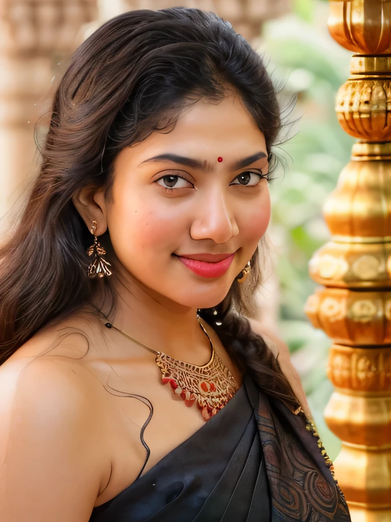 from bottom view, close up photo of sexy Indian , big cheeks, hourglass figure, standing in hindu tample, showing armpits, toes, red lips, necklace, black hair, sultry, look at viewer and smile, black saree, bindi, (cinematic:1.3), intricate details, (ArtStation:1.2)