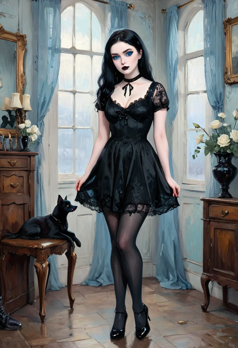 (full body:1.4),  Beautiful 20 yo woman of English descent. perfect figure,((very pale:1.4))complexion. raven black hair, ice blue eyes. Large natural breasts, beautiful ass, shapely legs, Sad eyes, Goth. Black lipstick and nail polish, mascara, choker, vintage black lace dress, (black pantyhose), Mary Janes.