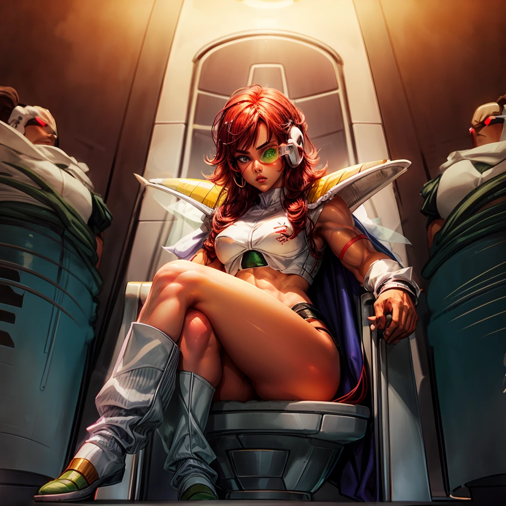 A red head girl with green eyes, spikey hair , raising right eyebrow, eyeliner, beautiful eyebrows, lip filler, eyelashes, tinted eyewear, saiyan Scouter, saiyan armor, saiyan boots, white cape, muscular body, frieza spaceship, full body shot, crop top, sitting on chair, hand on face, detailed eyes, perfect face, high quality, UHD, 3 soliders behind her 