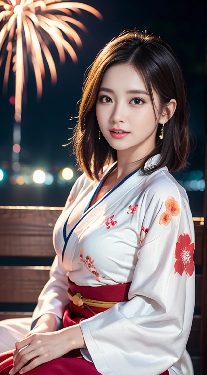 masterpiece, Highest quality,16K, Ultra-high resolution,The light and shadow of reality,Cinema Lenses,((Very skinny)),((Very firm and shapely beautiful large breasts)),((Very slim and beautiful thighs)),((High nose、Small Mouth)),((Clean and slim face line)),((Big dark eyes with long eyelashes)),((Very small face))((Very slim and beautiful arms)),((She is very thin and has a great figure)),((Pure white beautiful skin)),((Cute Japanese Girls)),((((yukata,Japanese Kimono))),((((Kimono with floral pattern with long sleeves)))),((((At a night festival)))),(Beautiful Eyes:1.1),Reflecting clear eyes and a gentle smile,