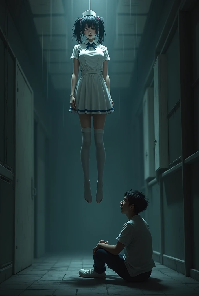 Scene of female nurse hanging herself in white thigh high socks ,hovering in the air , a man sitting on the ground in panic 