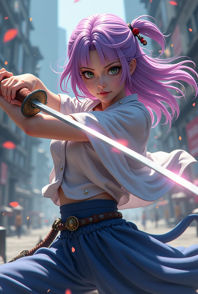(obra-prima),(melhor qualidade:1.0),(ultra highres:1.0),(uma linda garota),(longos cabelos rosa solo),(roupas de shinobi em tom preto e roxo),(fundo branco),(anime naruto:0.5)