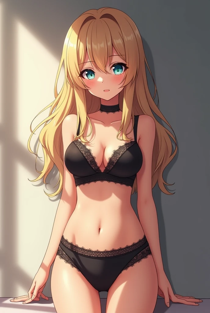 (Best Quality,High resolution,8K,finelity detailed background,Masterpiece:1.2),beautiful girl,Shiny khaki hair,messy hair,(Khaki Eyes),Gentle look,A refreshing look,Best quality,Best Quality,Aesthetic and aesthetic:1.2,Best details((Super detailed))(High-definition CG illustrations),Black underwear (black intricate lace),Slender body,Late Night,Moonlit Night,Bedroom,On the bed,smile,blush,cute,Scrounge,Looking up,Being spoiled,super model,wariza,smile