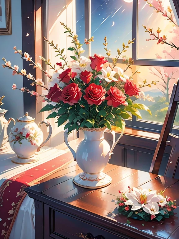 Stunning bouquet of roses and lilies in ceramic vase, Red and White, Comfortable room, wreath, An open window, Moon and stars, night, Comfortable atmosphere  