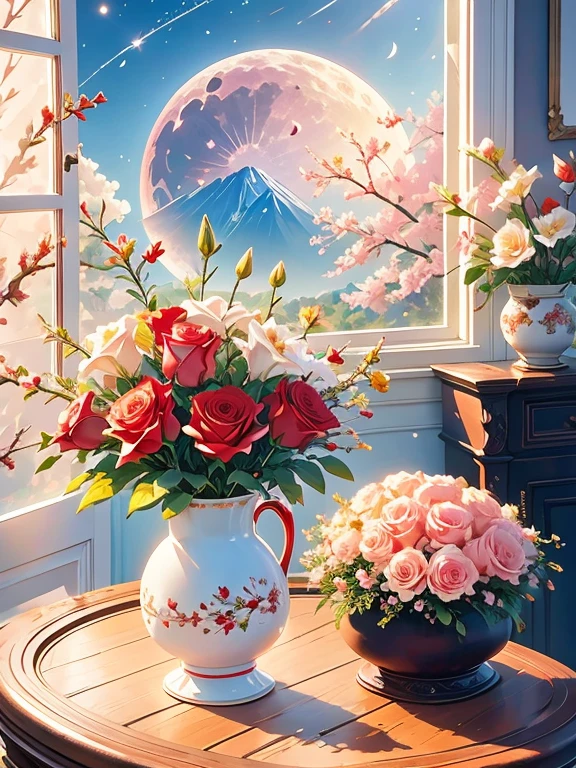 Stunning bouquet of roses and lilies in ceramic vase, Red and White, Comfortable room, wreath, An open window, Moon and stars, night, Comfortable atmosphere  