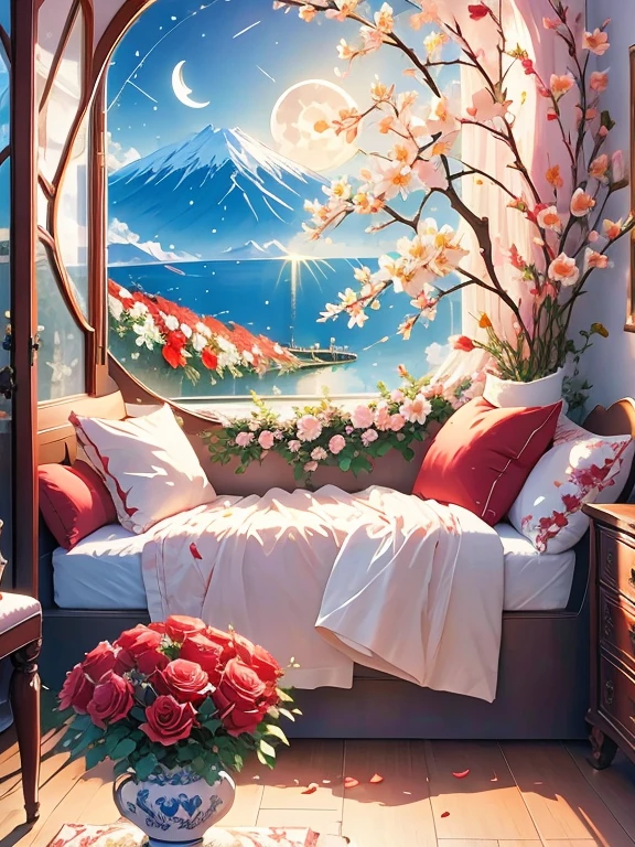 Stunning bouquet of roses and lilies in ceramic vase, Red and White, Comfortable room, wreath, An open window, Moon and stars, night, Comfortable atmosphere  