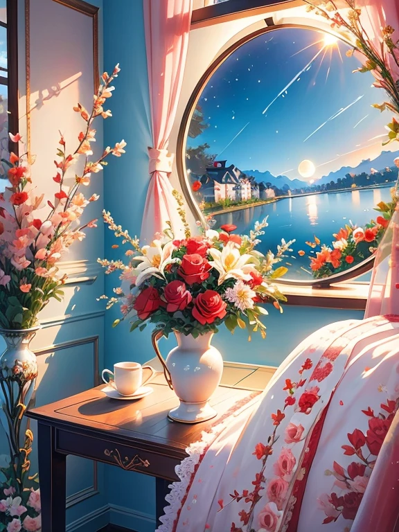 Stunning bouquet of roses and lilies in ceramic vase, Red and White, Comfortable room, wreath, An open window, Moon and stars, night, Comfortable atmosphere  