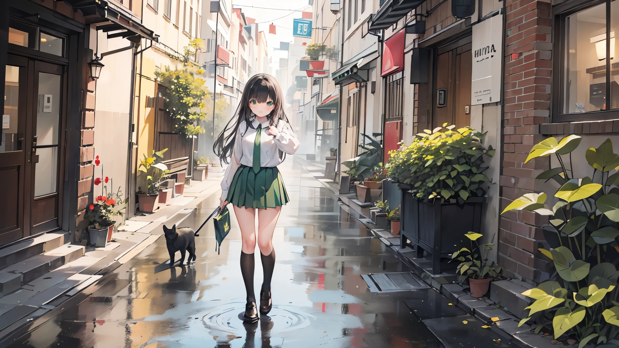 ((Best Quality, 8k, masterpiece: 1.3)),Human Girl,((Petite,Glamorous Body,Curvy)),cute,Lonely look,((Black Hair)),Long Hair,Beautiful emerald green eyes,Standing posture,(((White blouse,Green tie,Green pleated mini skirt,Black socks,loafers))),((Pouring rain,Sheltering from the rain under the eaves)),Hand trying to hand over an umbrella,