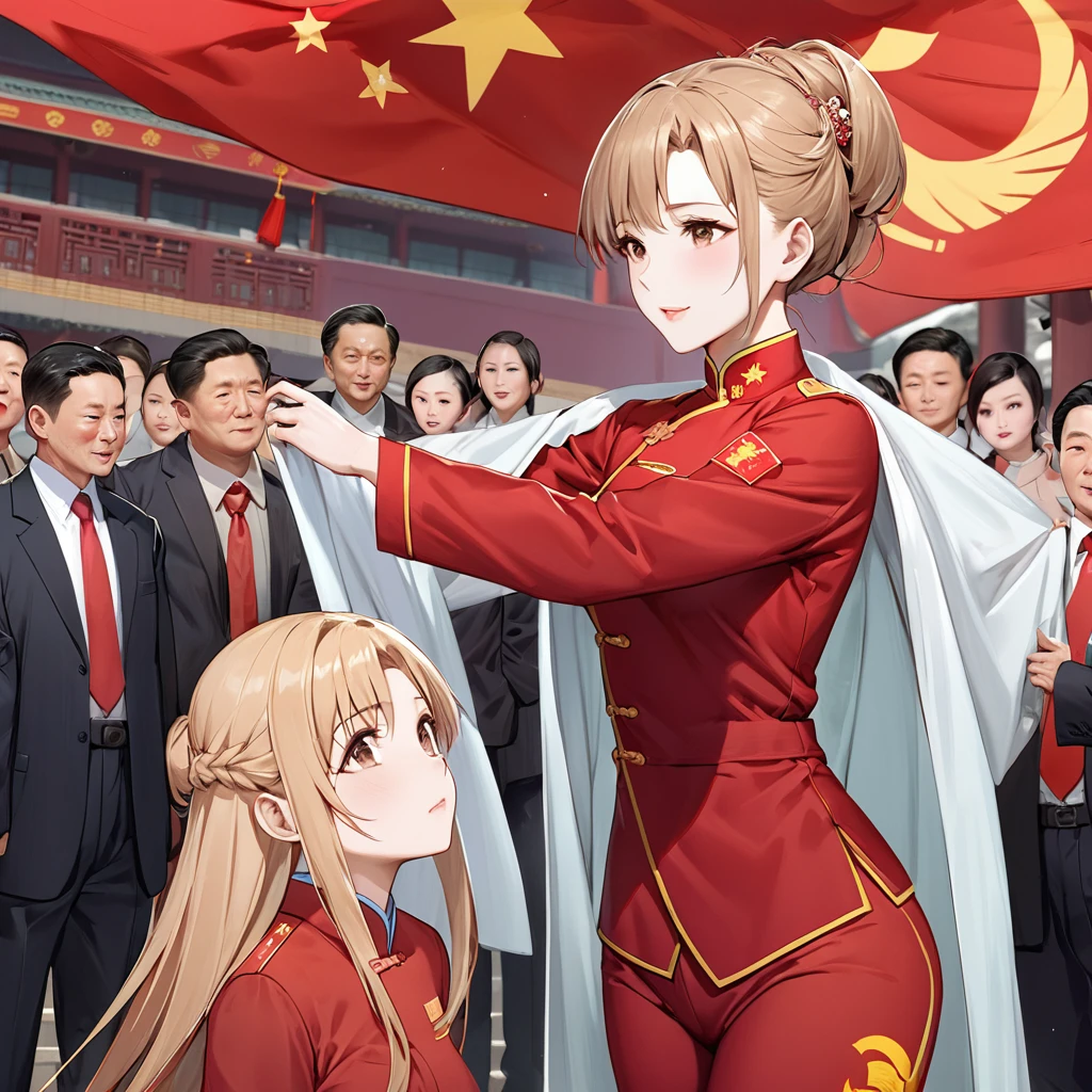 ((Best Quality)), ((masterpiece)), (detailed), （Perfect Face）、The woman is Yuuki Asuna, a beautiful Japanese woman with light brown hair, beautiful proportions and an engagement ring.、The woman is wearing a Mao suit、The woman was given a thorough education in China about the ideas and greatness of the Chinese Communist Party by a middle-aged man who was a member of the Chinese Communist Party, and became a naturalized Chinese citizen.、Women worship the Chinese Communist Party and love China.、The woman serves as the wife of a Communist Party official.