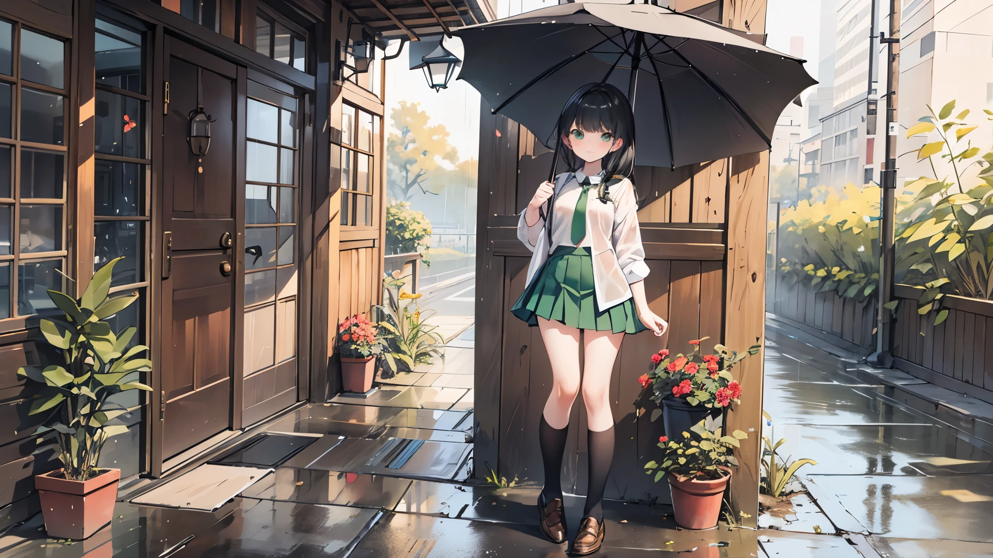 ((Best Quality, 8k, masterpiece: 1.3)),Human Girl,((Petite,Glamorous Body,Curvy)),cute,Lonely look,((Black Hair)),Long Hair,Beautiful emerald green eyes,Standing posture,(((White blouse,Green tie,Green pleated mini skirt,Black socks,loafers))),((Pouring rain,Sheltering from the rain under the eaves)),Hand trying to hand over an umbrella,