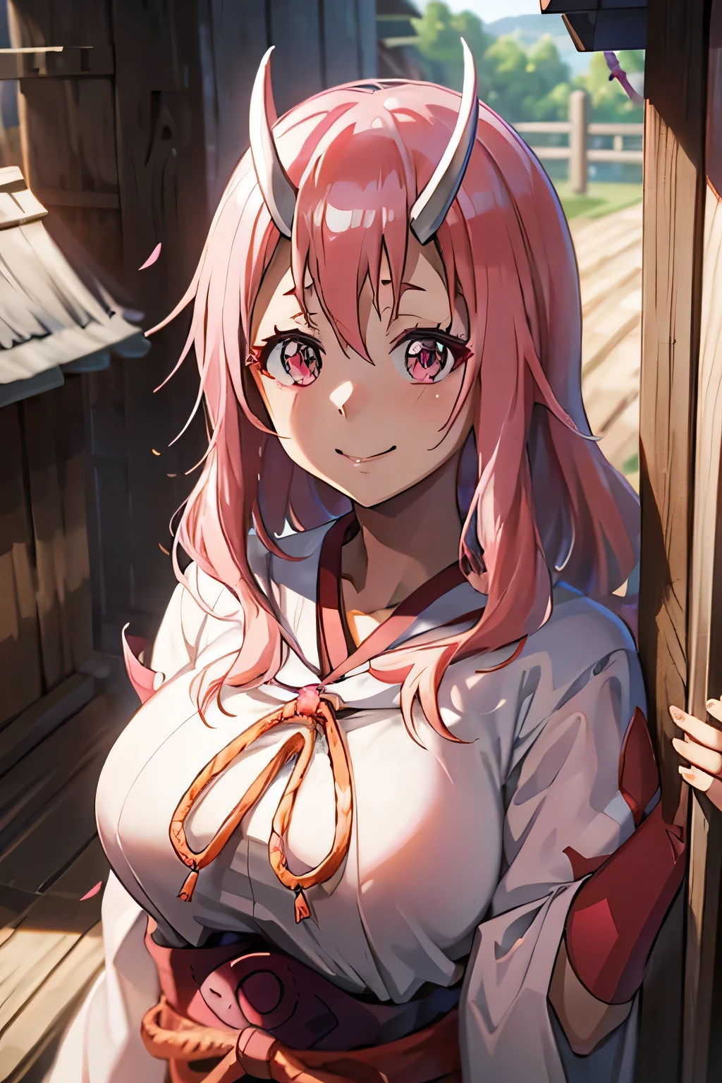 Masseter region, Best Quality, Ultra-high resolution, Best Quality, Anime Style, Best lighting, Beautiful Face, tensura, Shuna, Two white horns, Shrine maiden costume, Pink Hair, Hair length, Great smile, Upper Body，Focus on the face，Two Corners