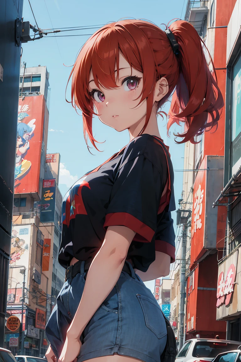  best qyality, perky tits, anime girl with red hair and blue shirt stands in front of a neon city, Anime style, seductive anime girl, lofi girl, retro anime girl, Anime style. 8k, 80s anime vibe, anime vibe, cyberpunk digital anime art, 80s anime art style, digital anime illustration, bob hairstyle, professional