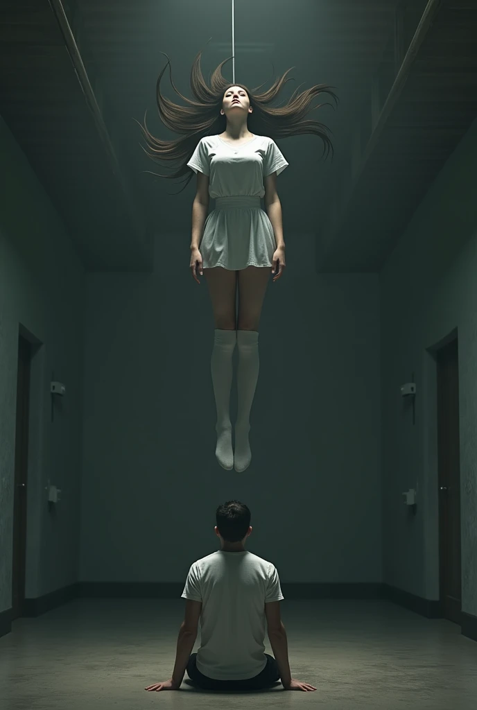Scene of female student wearing white thigh high socks hanging herself to death ,hovering in the air , a man sitting on the ground in panic