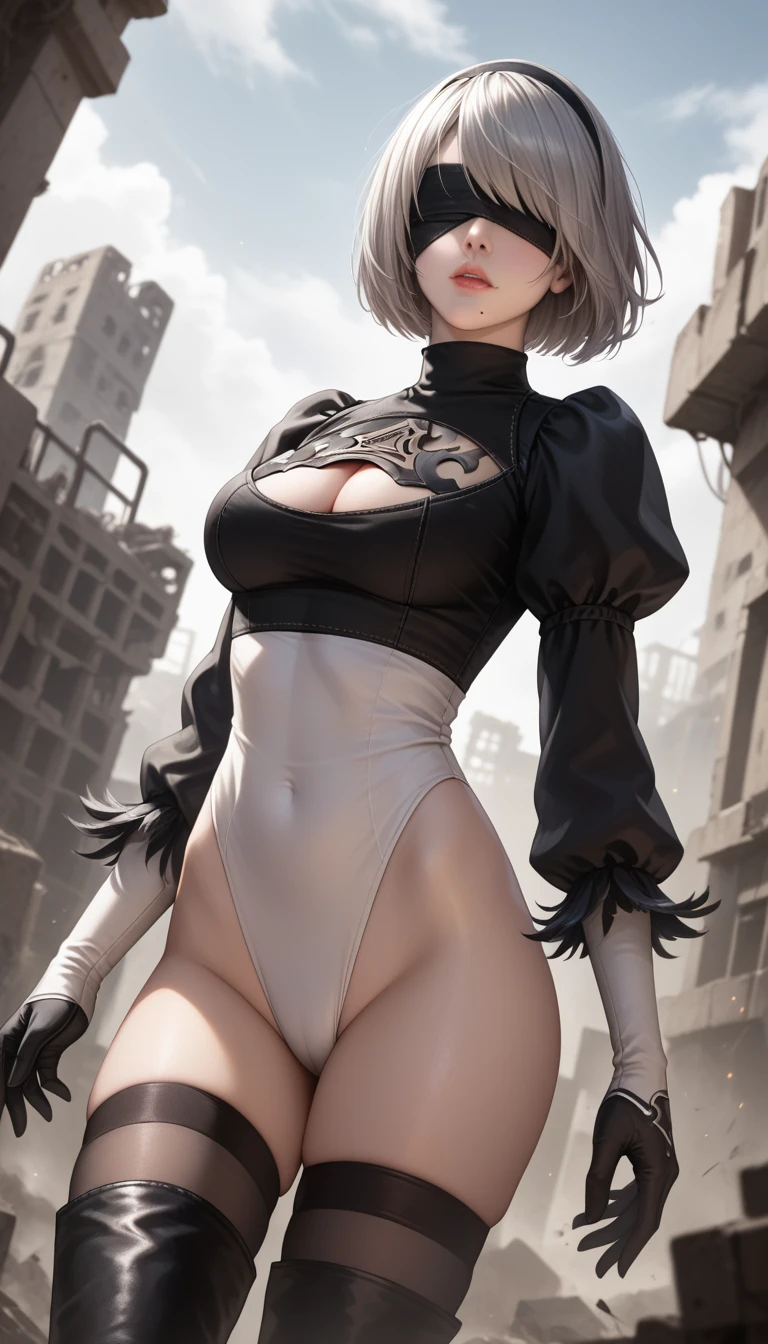 score_9, score_8_up, score_7_up, 32k,masterpiece, highest quality, 
photo realistic, super detail, vibrant colors, chiaroscuro lighting, cinematic lighting,
1 woman, inspired nier automata 2B,
bob cut, gray hair, bangs, mole under mouth, blindfold,
2B leotard, cleavage cutout, skirt, thighhighs under boots,
ruins, a ruined world, devastated cities, dark cloudy sky,
seductive pose, dramatic angle,