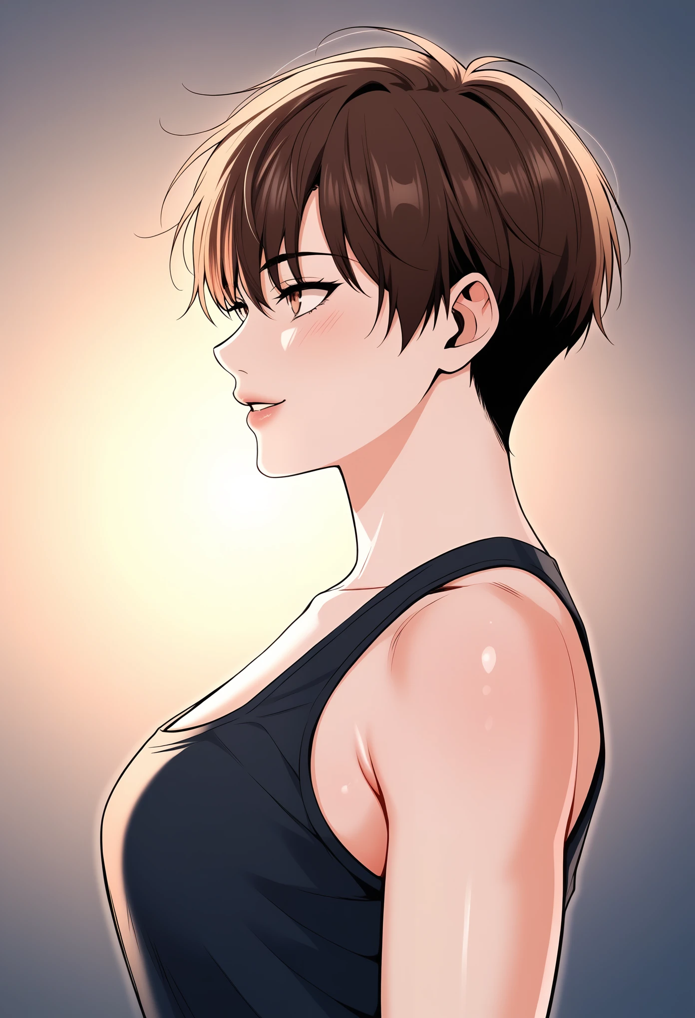 source_anime, score_9, score_8_up, score_7_up, score_6_up, cel shaded, linear hatching, simplified textures, limited color palette, black outlines, sharp edges, minimal shading, manhwa-style, bold, clear lines, vibrant colors, dramatic lighting, cinematic framing, expressive faces, detailed backgrounds, 1 tomboy, short brown bob cut hair, sporty clothing, physically fit, athletic build, short stature, sharp facial features, direct demeanor, no makeup, tomboyish personality, full torso shot
