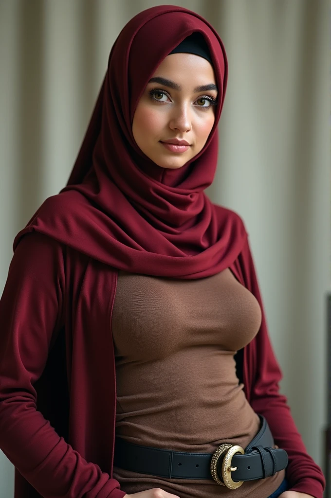 Dark skinned arab female model, 1/2 photograph, at home, natural light, posing for picture, thick lips, bimbo lips, hijab, cotton turtleneck sweater, long sleeves, freckles, huge massive breasts,