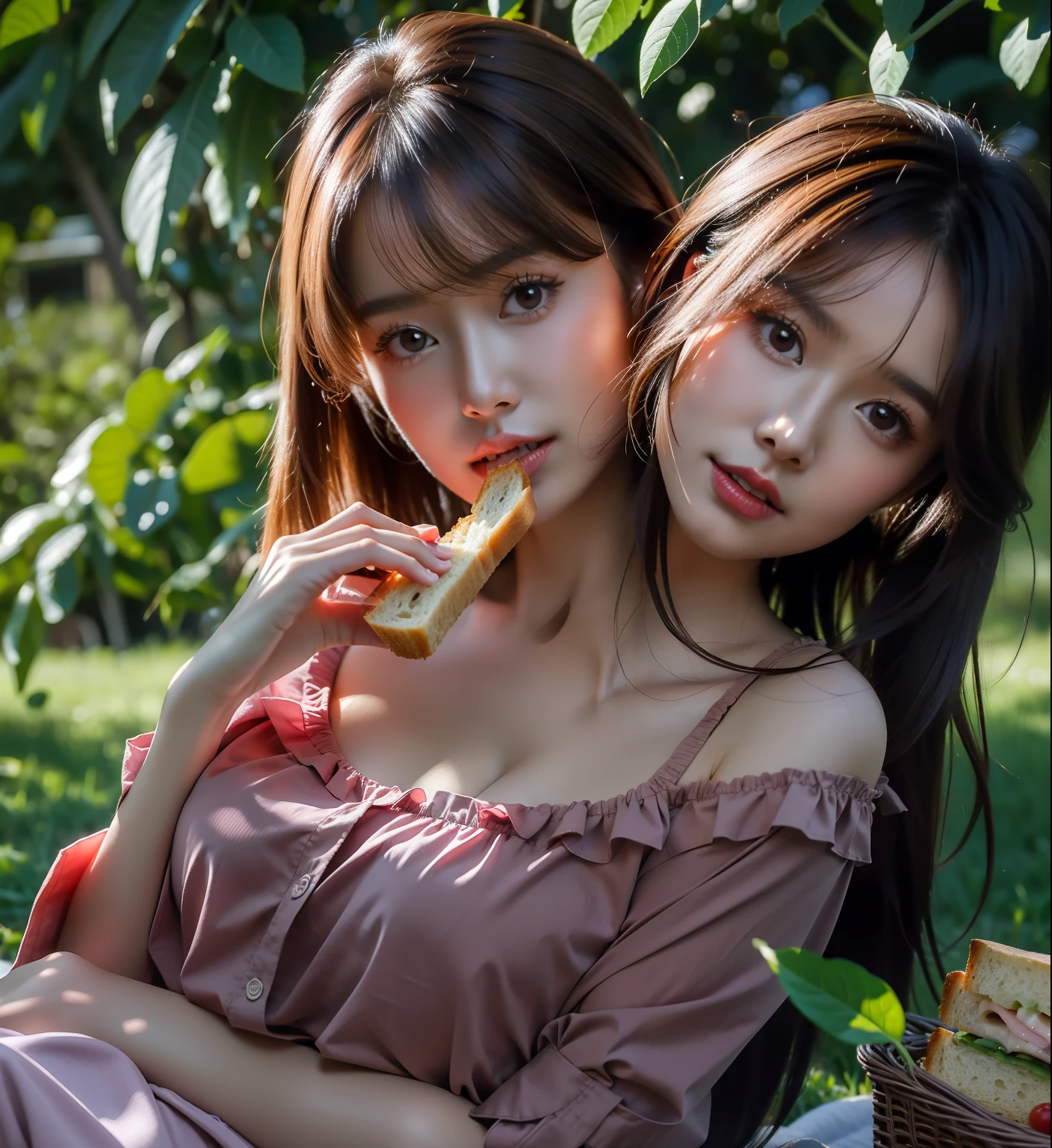 (((Two people are lying face down on a large table)))、(2 women),(Very large breasts、Very heavy chest),20-year-old,young woman、Japanese、Colorful Hair, Short Hair,beautiful girl、slender、thin,Glaring expression,Exposing breasts,(((They only wear large mesh fake collars in colorful colors))),(A woman with only her breasts exposed),(((Completely naked))),(((Beautiful nipples are visible))),Accentuate your breasts,White skin、A large amount of is covering the whole body.、Both arms are down、photograph, Realistic, highest quality, Detailed face,、Lots of food on the table、A large amount of food around a woman's chest、(((Two people are lying face down on a large table)))、Written boundary depth, Bokeh,Watching the audience、Sad face、(((Face is reflected))),(((Exposing breastsしている))),(((Exposed nipples))),The fingers are not visible、,(((Exposing breastsしている))),(((Exposed nipples))),,(((Exposing breastsしている))),(((Exposed nipples))),(2 women),(((Two people are lying face down on a large table)))、
