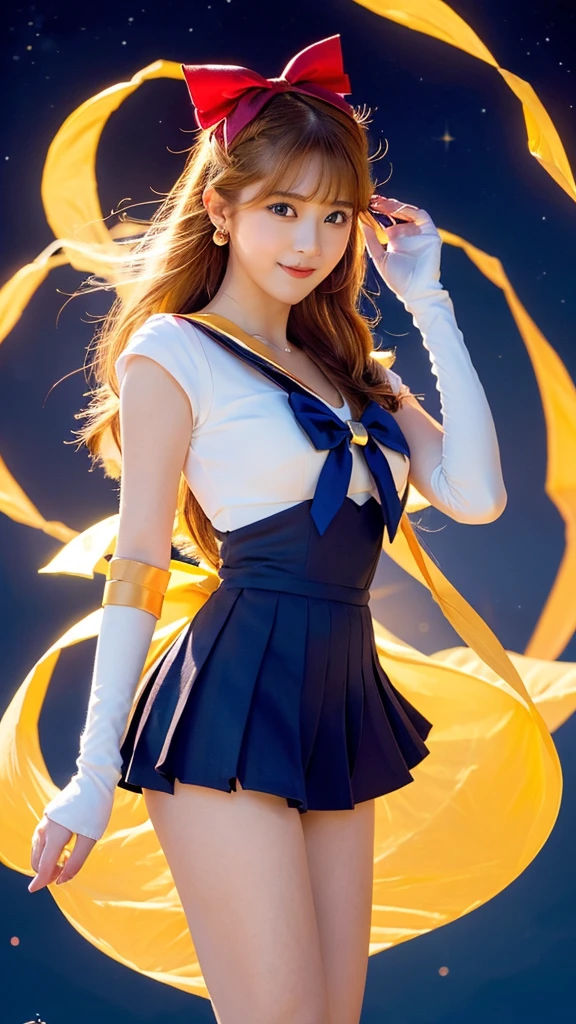 Create a highly detailed image of a character inspired by Sailor Venus from the Sailor Moon series. She is standing confidently, showcasing her iconic sailor scout uniform. The uniform includes a pristine white bodice with a large, vibrant orange bow at the chest, and a orange collar adorned with white stripes. Her skirt is a bright yellow, pleated and flowing. Instead of her usual white socks, she is wearing elegant, sheer black stockings that highlight her legs and add a sophisticated touch to her outfit. She also wears white gloves that extend to her elbows, each accented with a small orange bow. Her long, flowing blonde hair is styled with a prominent red bow on top. She has striking blue eyes, a confident smile, and her signature red bow earrings. The background features a vivid night sky filled with twinkling stars and a crescent moon, enhancing the magical and celestial theme of the series. The overall style should emphasize the details of her outfit, making it the focal point of the image.