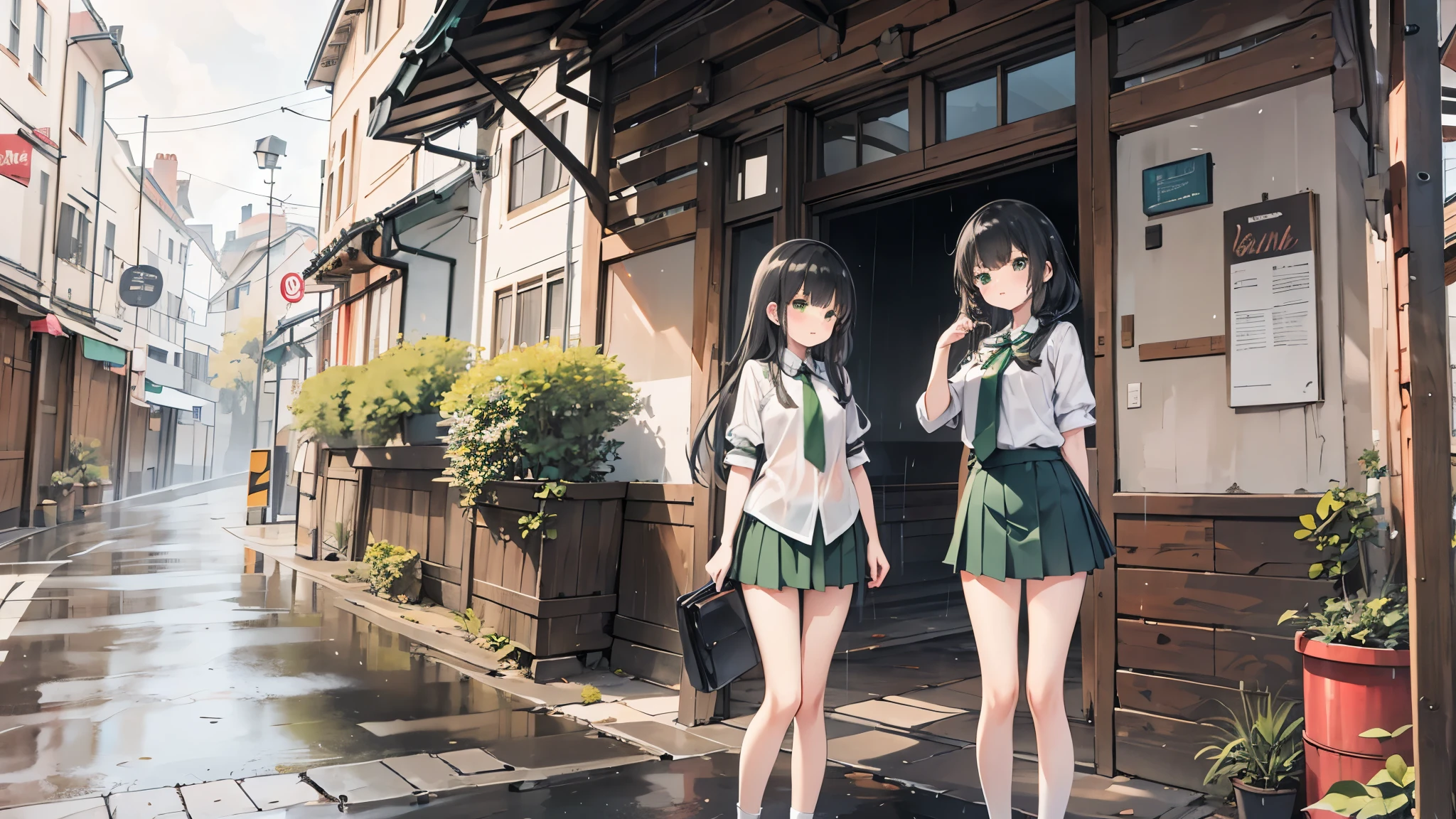 ((Best Quality, 8k, masterpiece: 1.3)),Human Girl,((Petite,Glamorous Body,Curvy)),cute,Lonely look,((Black Hair)),Long Hair,Beautiful emerald green eyes,Standing posture,(((White blouse,Green tie,Green pleated mini skirt,Black socks,loafers))),((Pouring rain,Sheltering from the rain under the eaves)),Hand trying to hand over an umbrella,