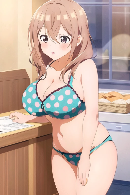 masterpiece, Perfect lighting, (beautiful, Best Quality:1.3), Absurd, 8k,
, In detail,UnderwearBrown Hair, Brown eyes, Large Breasts, motto_Katase, blindfold, polka dot panties, Polka Dot Bra, 