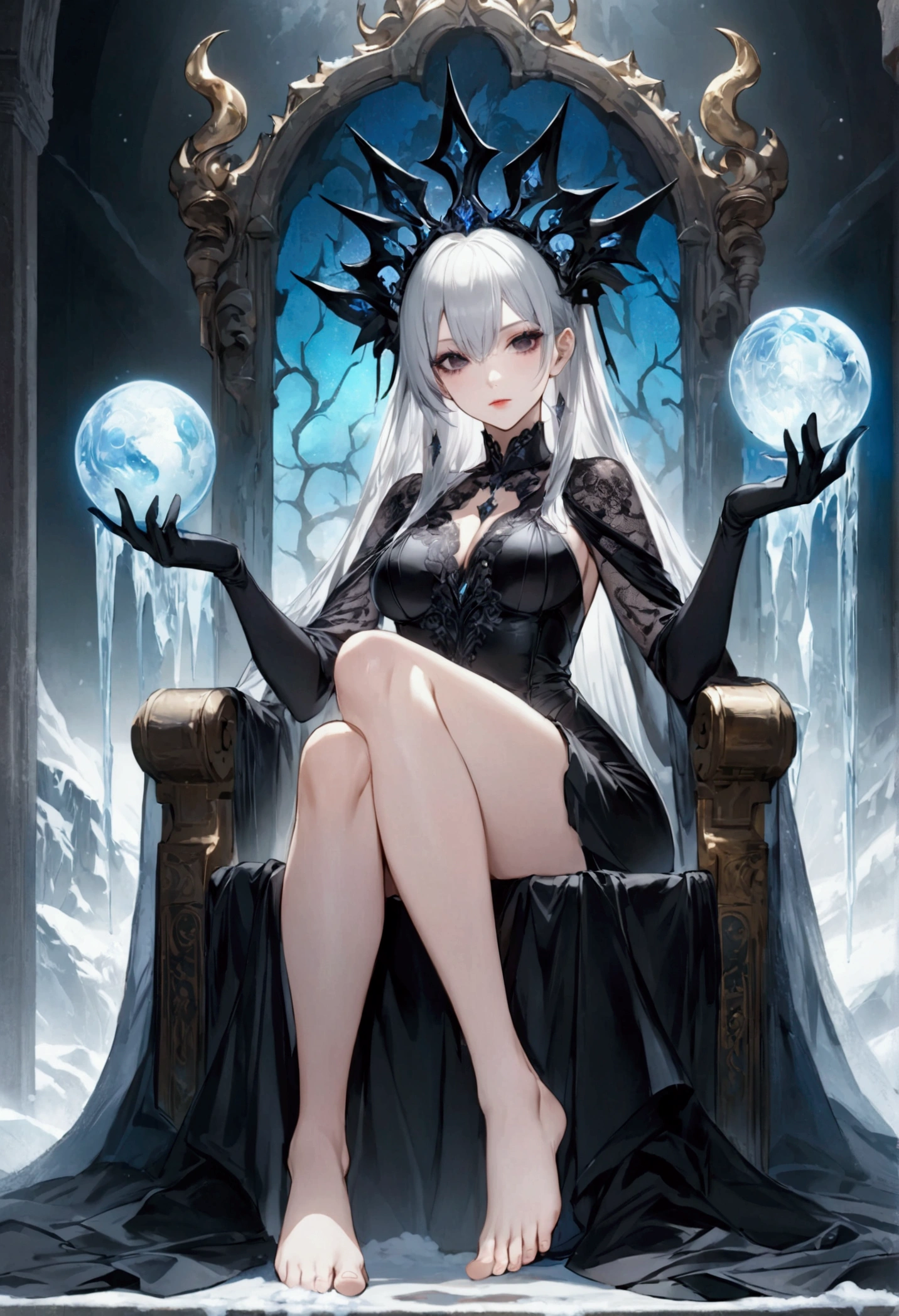 ((masterpiece, highest quality)), detailed face, full body esbian, Full of details, Multiple poses and expressions, very detailed, depth, many partagic Taoist,Holds a crystal wand,fantasy style,Very beautiful and mysterious,fantasy,rainbow colors，high balance, Natural light, black lace，black laceパンスト，starry sky,star decoration,white hair,Pink Lip,White light coat,sit on a chaise longue