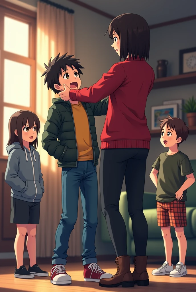 Anime Boy in Jeans and Jacket is Spanked by mother on her lap wearing a