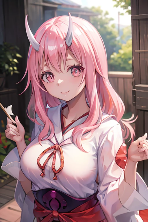 Masseter region, Best Quality, Ultra-high resolution, Best Quality, Anime Style, Best lighting, Beautiful Face, tensura, Shuna, Two white horns, Shrine maiden costume, Pink Hair, Hair length, Great smile, Upper Body，Focus on the face，Two Corners