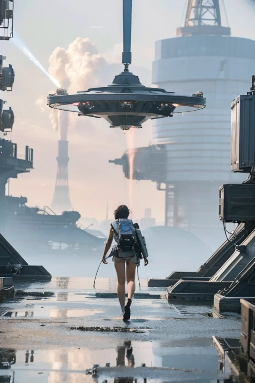 girl,mechanical_arms,looking_away, steam machine floating in the cyberpunk city, There is A huge Triangular spaceship energy blast in the edge of the Earth, Cosmic galaxy,Super exquisite,Super shocking, (masterpiece)(best quality)(illustration), ultra high res,